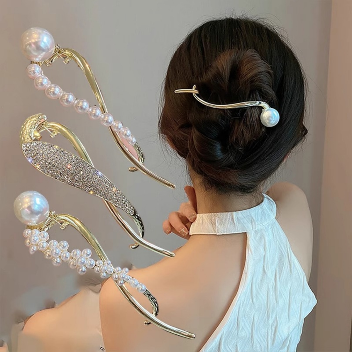 The Korean Lifestyle - エレガントなグリッターパールヘアクリップ レディース トレンドツイストヘアクリップ ガールズファッション デイリーライフヘアアクセサリー ジュエリーヘアピン